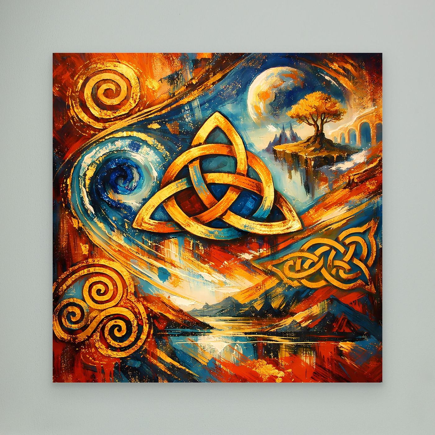 Abstraktes Leinwandbild mit keltischem Triqueta in Blau, Gold und Orange