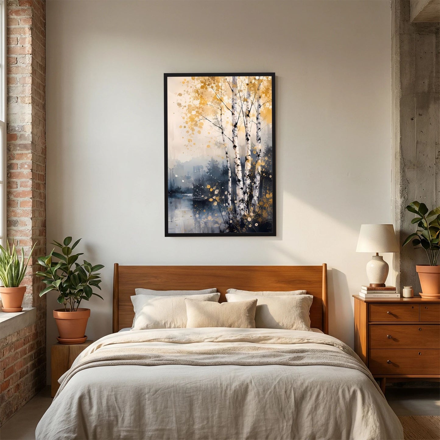 Hochformat-Poster mit abstrakten Birken am See, goldene Sprenkel, rahmen im Schwarz