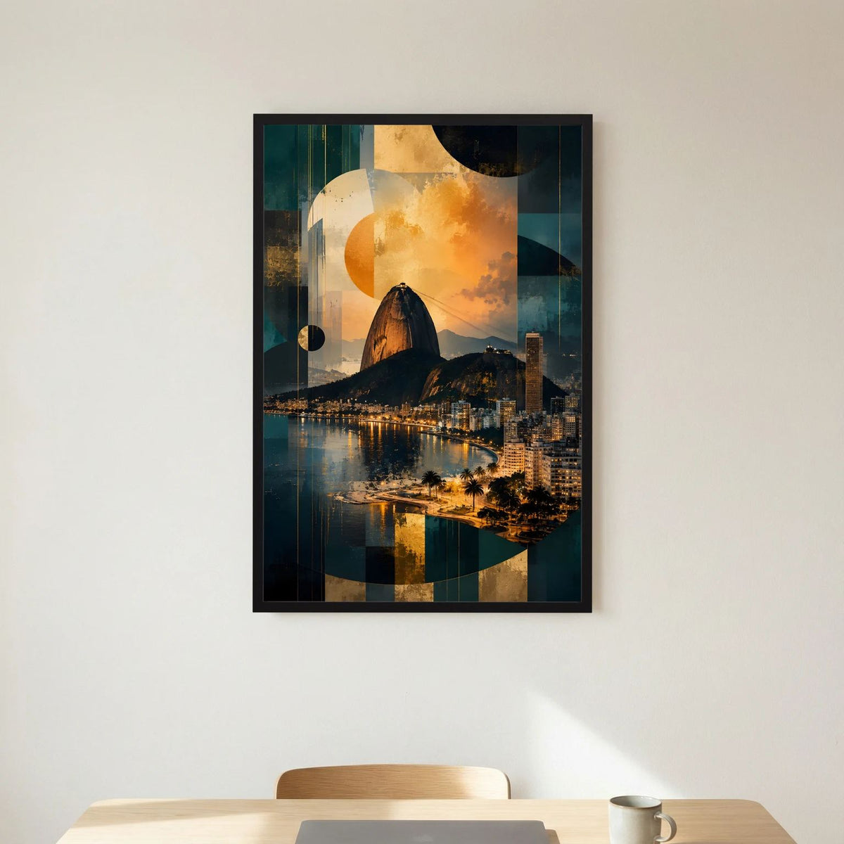Hochformatiges Brasilien-Poster im dunklen Rahmen: abstrakte Skyline mit Zuckerhut und Mond in Gold.