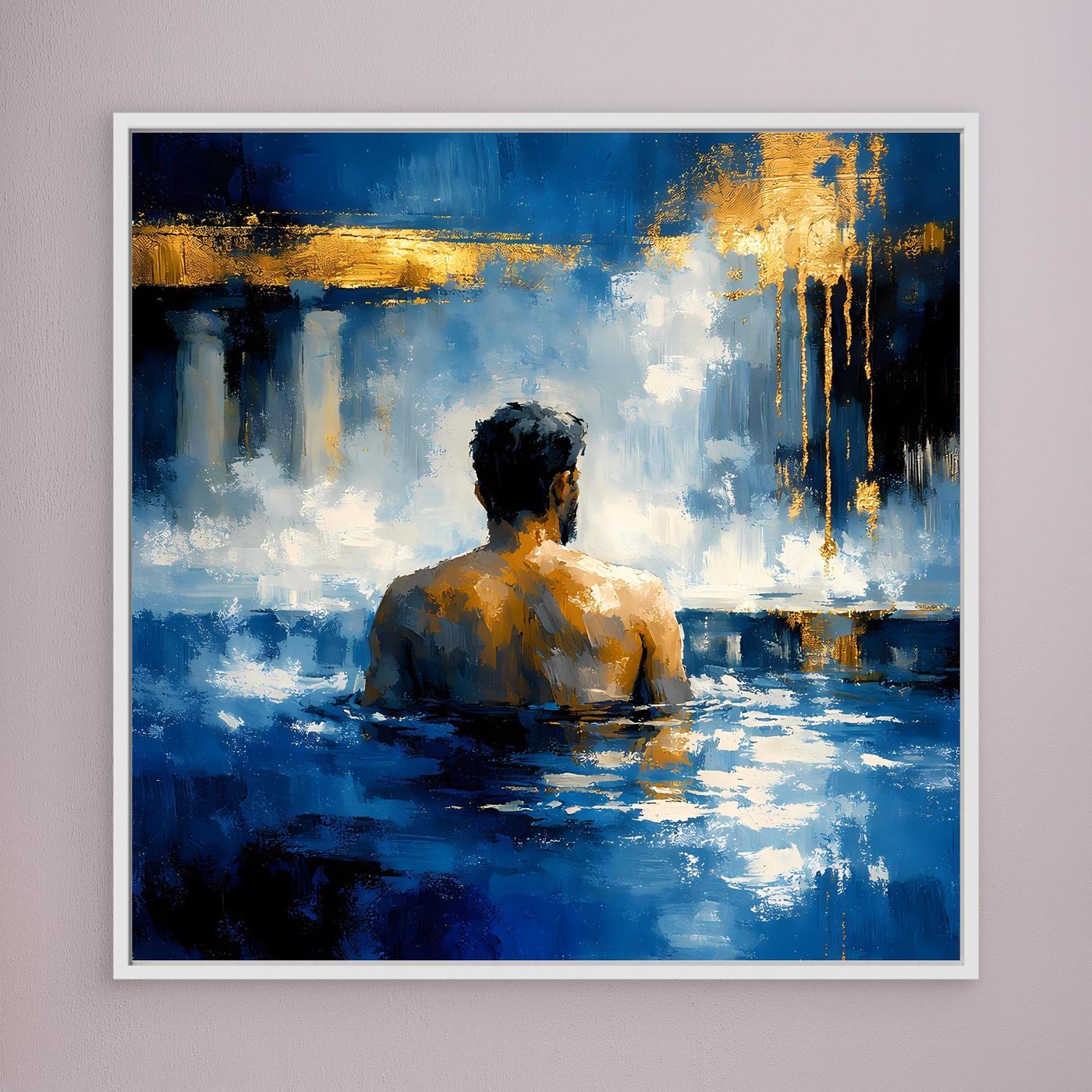 Wandbild auf Leinwand: Rückenansicht eines Mannes im blauen Bad, goldene Farbspritzer, weiß gerahmt