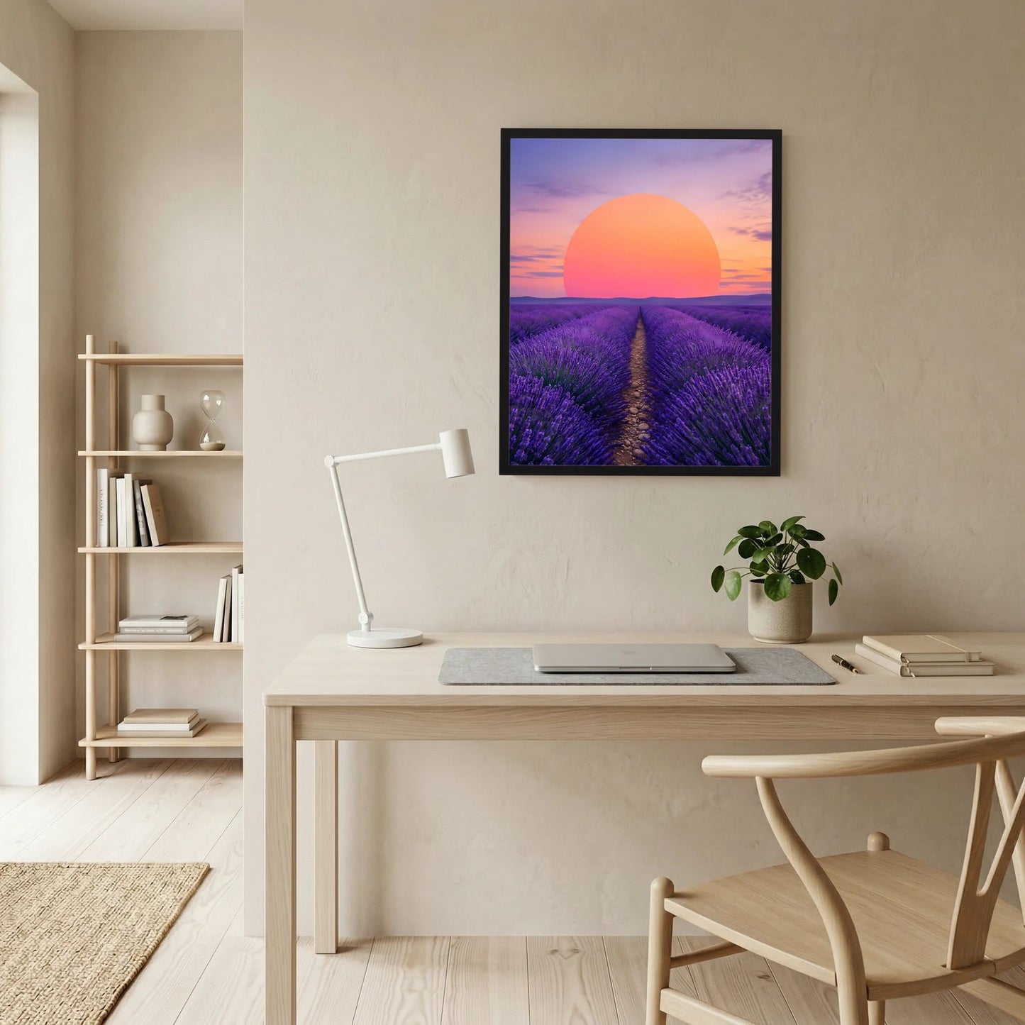 Hochformat-Poster mit lila Lavendelfeld und orangefarbener Sonne, schwarzer Rahmen