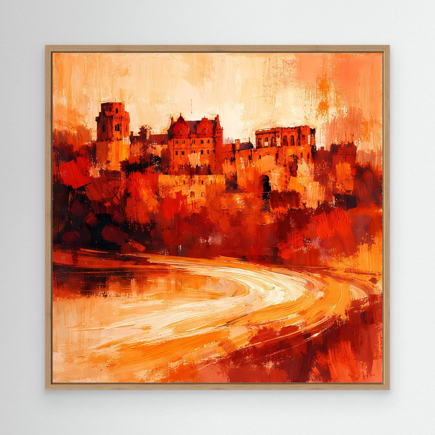 Leinwand Heidelberger Schloss im Abendlicht | Abstraktes Rot‑Ocker Wandbild mit Struktur und Tiefe