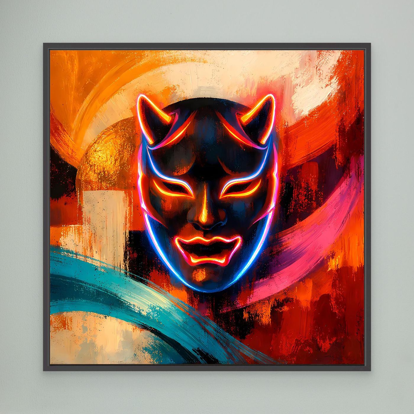 Leinwandbild mit leuchtender Oni-Maske im Neon-Look, schwarz gerahmt