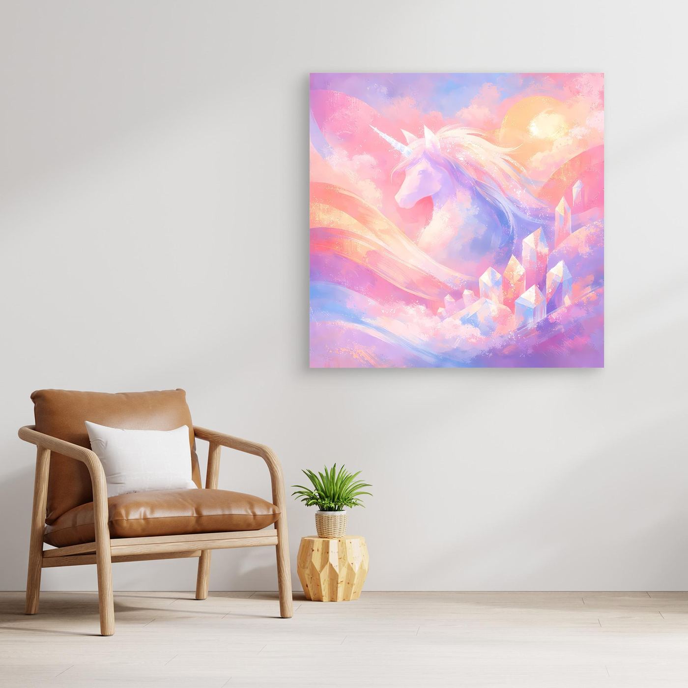 Leinwandbild mit magischem Einhorn in Pastellfarben, abstraktes Fantasy-Motiv
