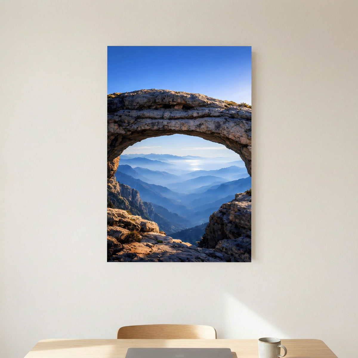 Hochformatiges Poster mit Felsbogen und weitem Bergpanorama im blauen Dunst