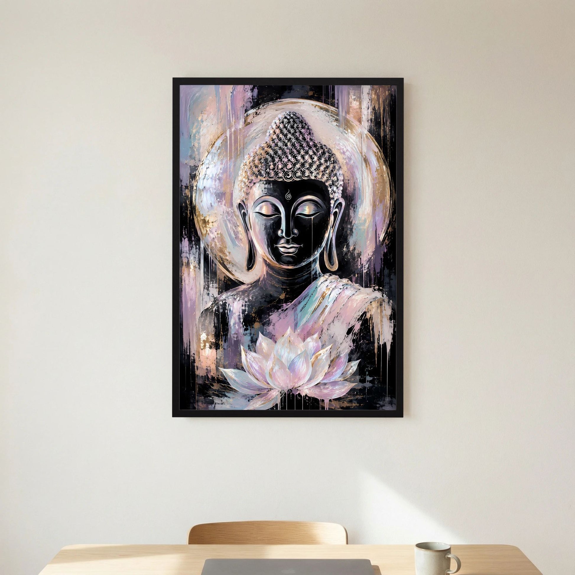Buddha-Poster im Hochformat mit schwarzem Rahmen und Buddha-Gesicht mit Lotusblüte