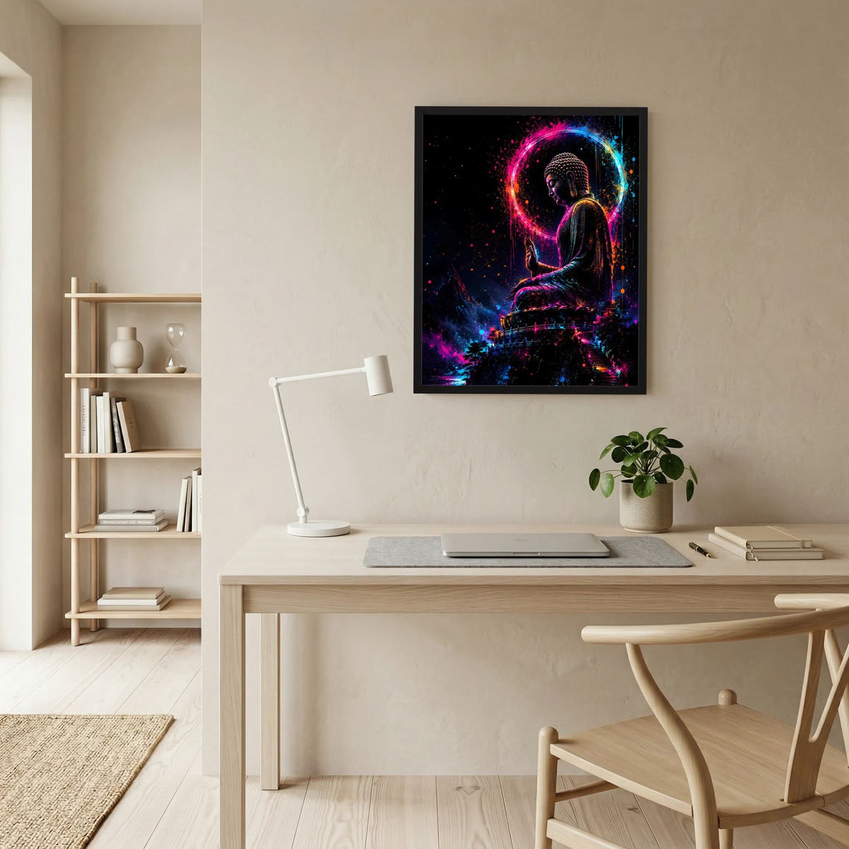 Gerahmtes Kunstposter mit meditativer Buddha-Silhouette im Neonkreis in Pink und Blau