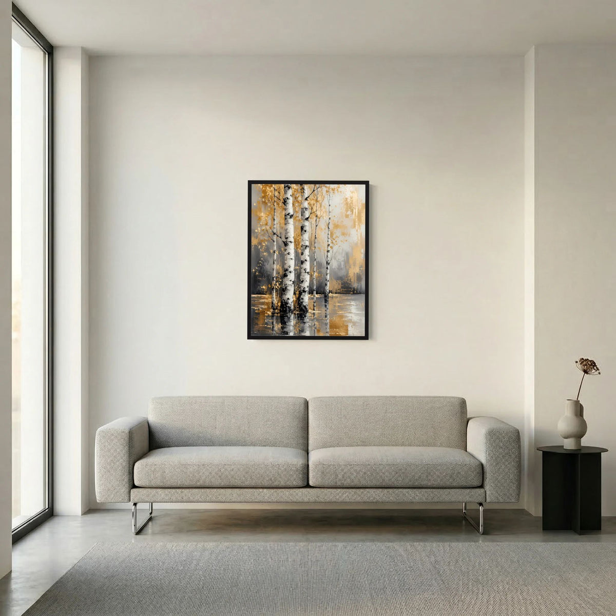 Poster mit abstrakten Birken und goldfarbenem Hintergrund, Rahmen in Dunkel