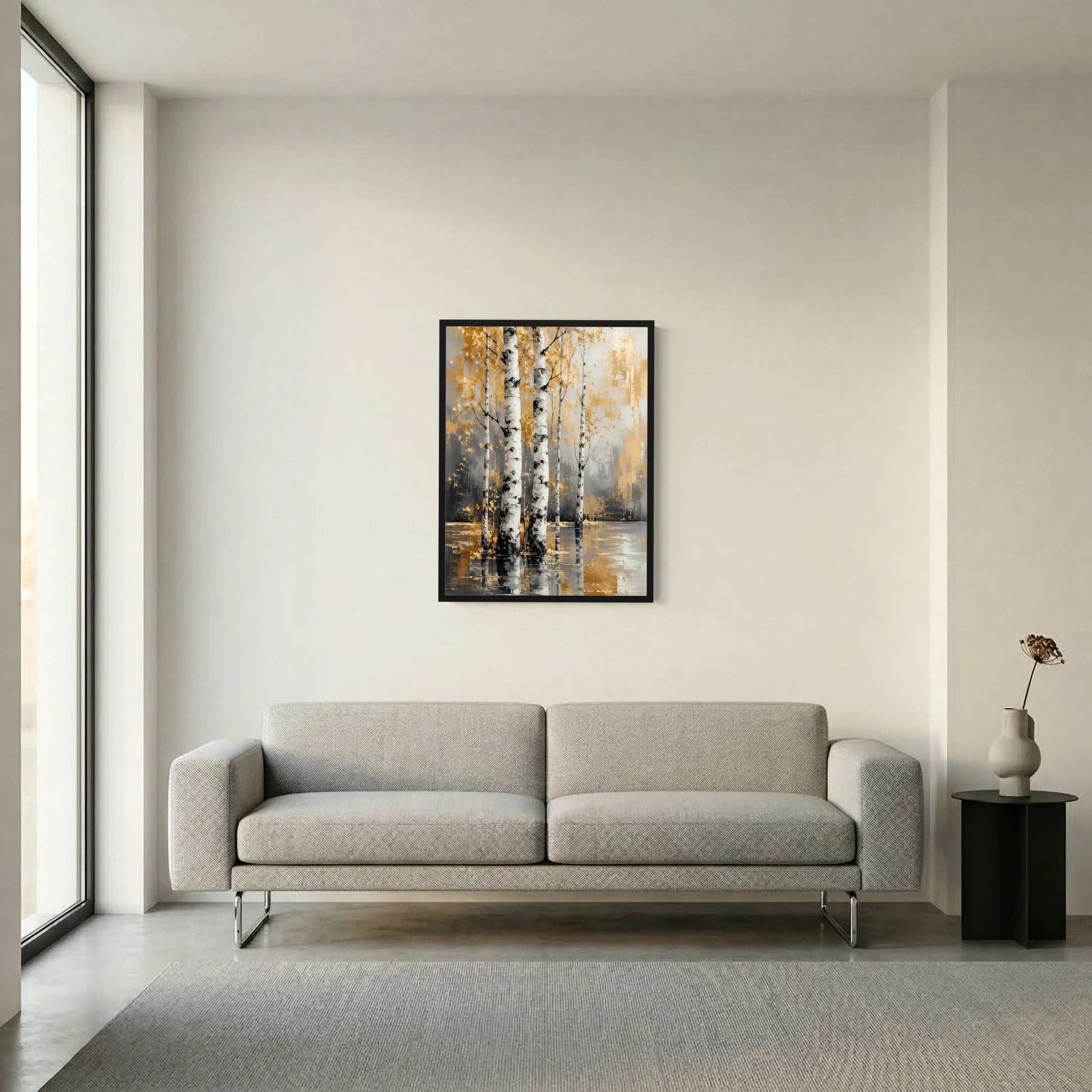 Poster mit abstrakten Birken und goldfarbenem Hintergrund, Rahmen in Dunkel