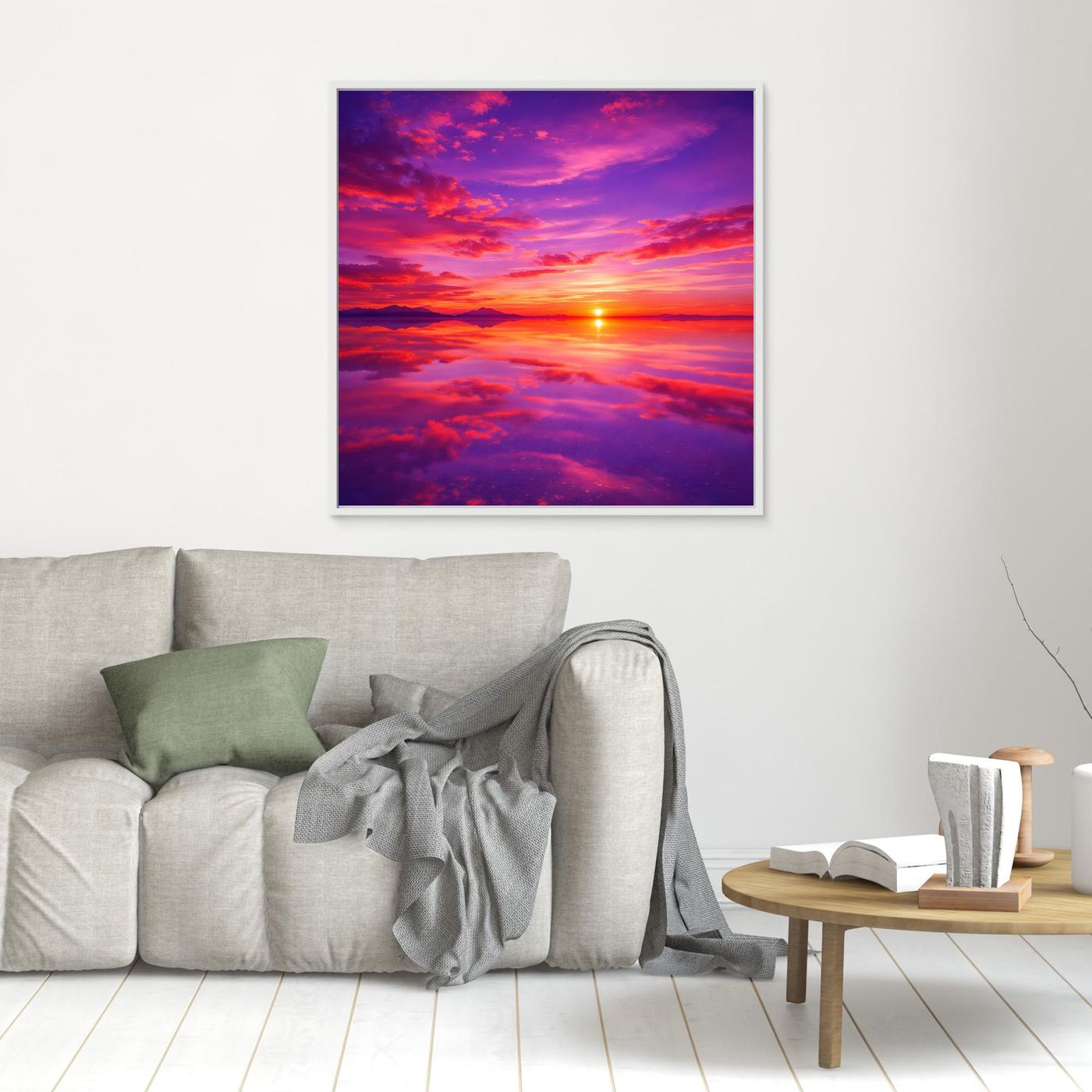 Leinwandbild Sonnenuntergang mit farbintensiven Wolken, Sonne am Horizont, weiß gerahmt