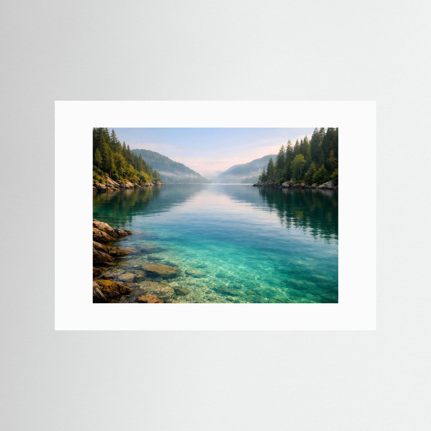 Kristallklarer Bergsee im Morgennebel | Natur & Landschafts-Poster Querformat