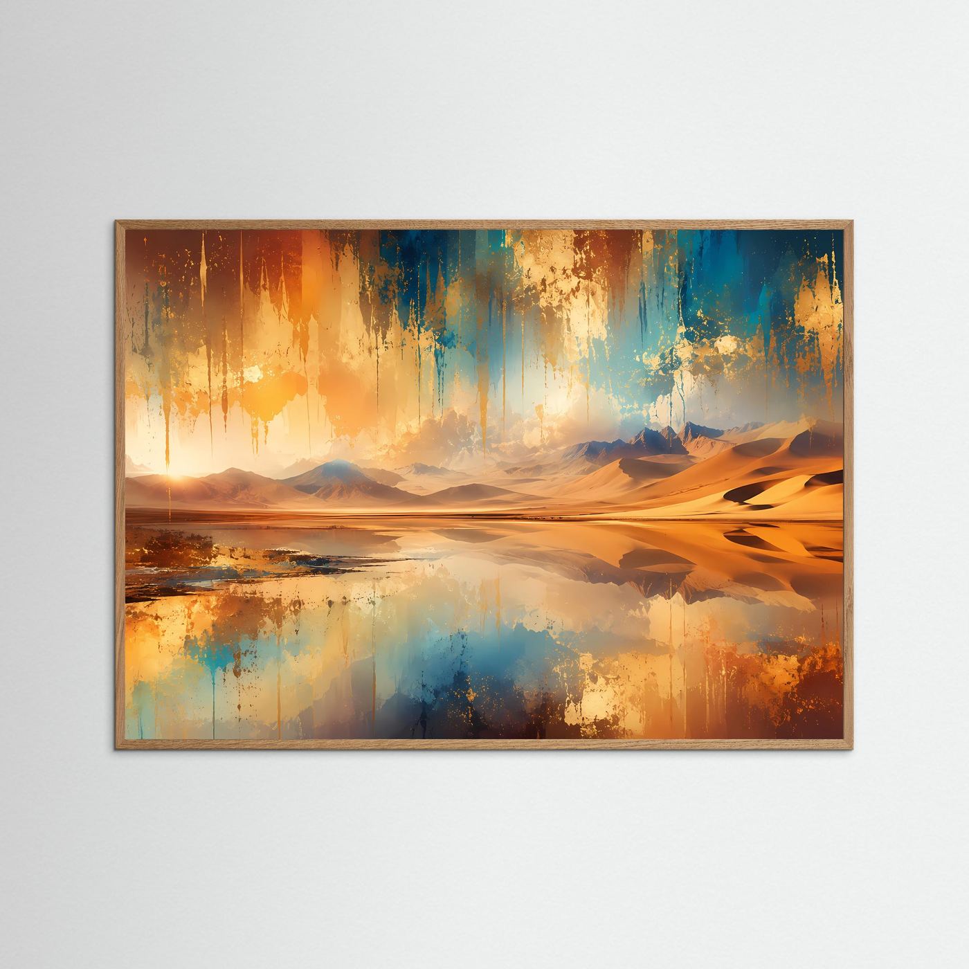 Abstrakte Wüstenlandschaft Poster Querformat | Modernes Panorama Wandbild in Gold, Blau & Sandfarben | Elegante Landschaftskunst