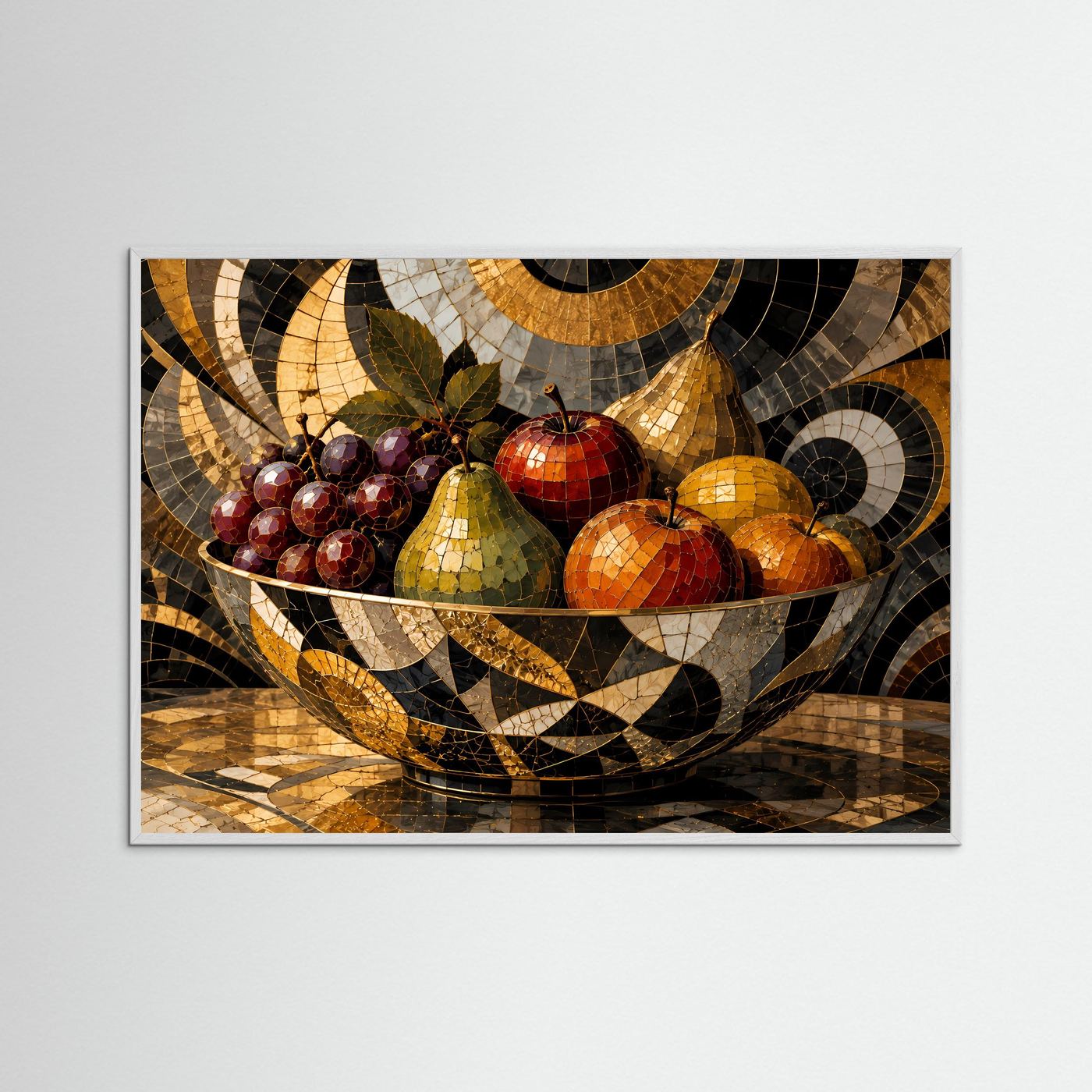 Mosaik-Obststillleben mit weißem Holzrahmen; Obstschale mit Trauben, Äpfeln und Birnen