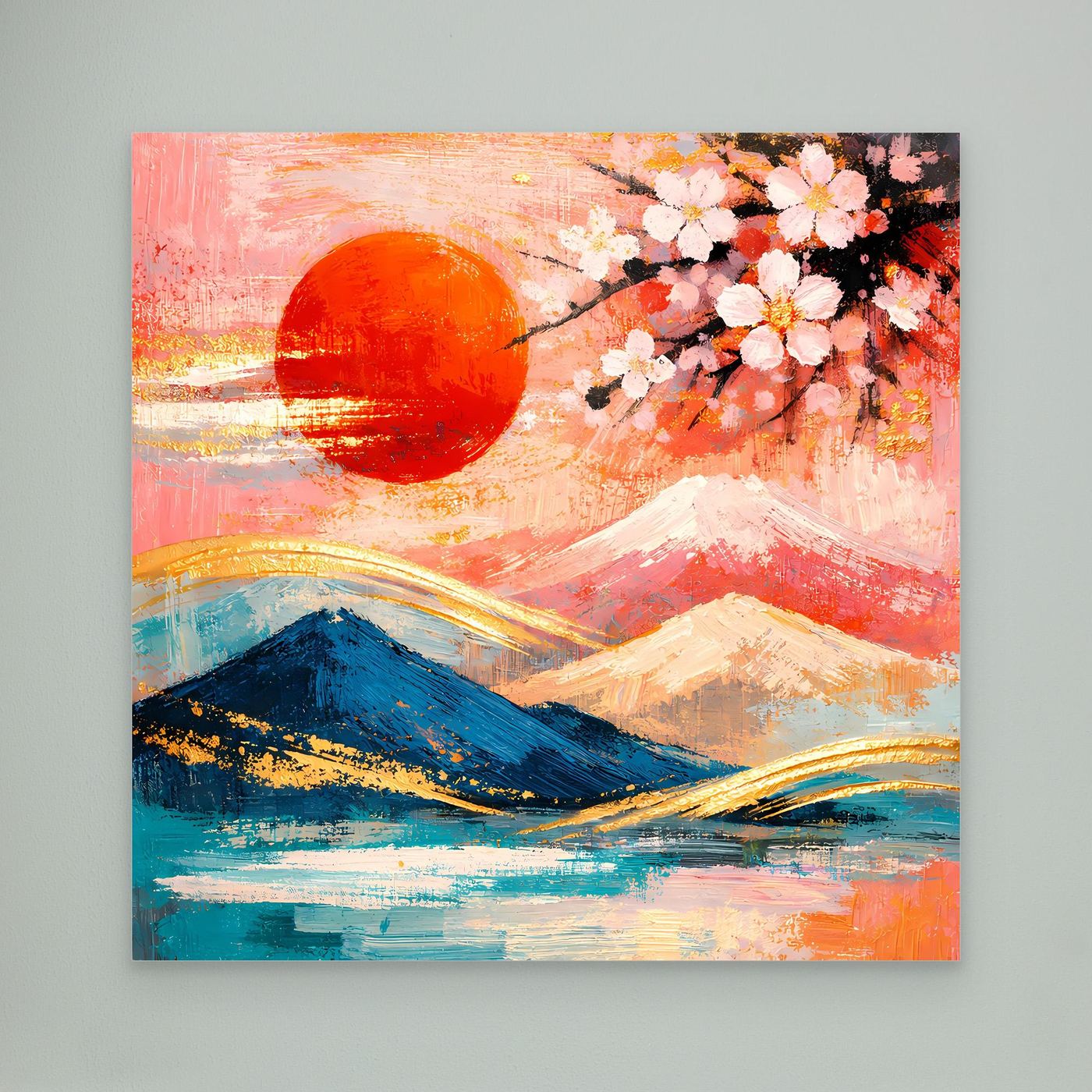 Leinwandbild: abstrakte Kirschblüte mit Fuji, pastellfarben, ohne sichtbaren Rahmen