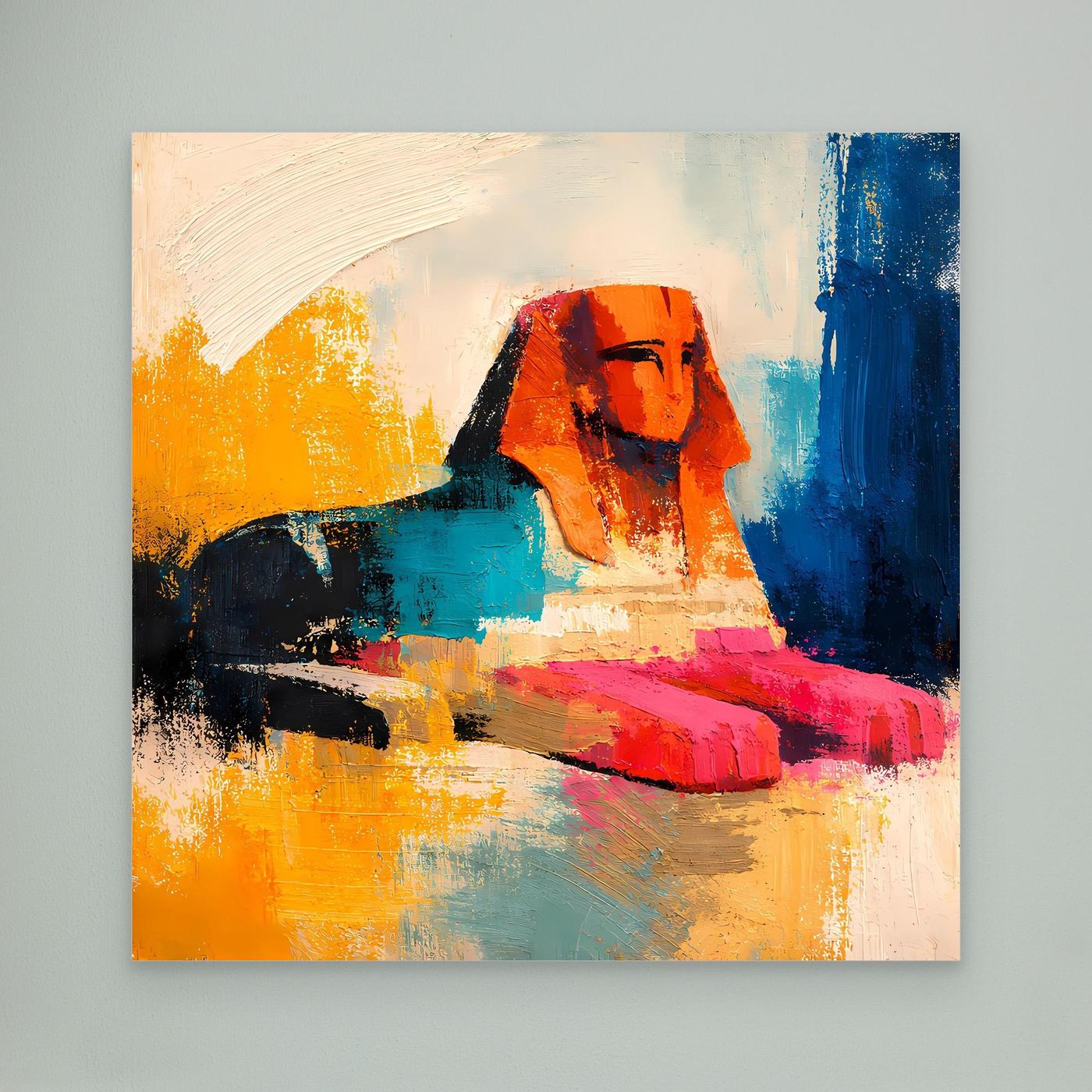 Abstract sphinx canvas wall art with blue, orange, and red paint strokes; unframed