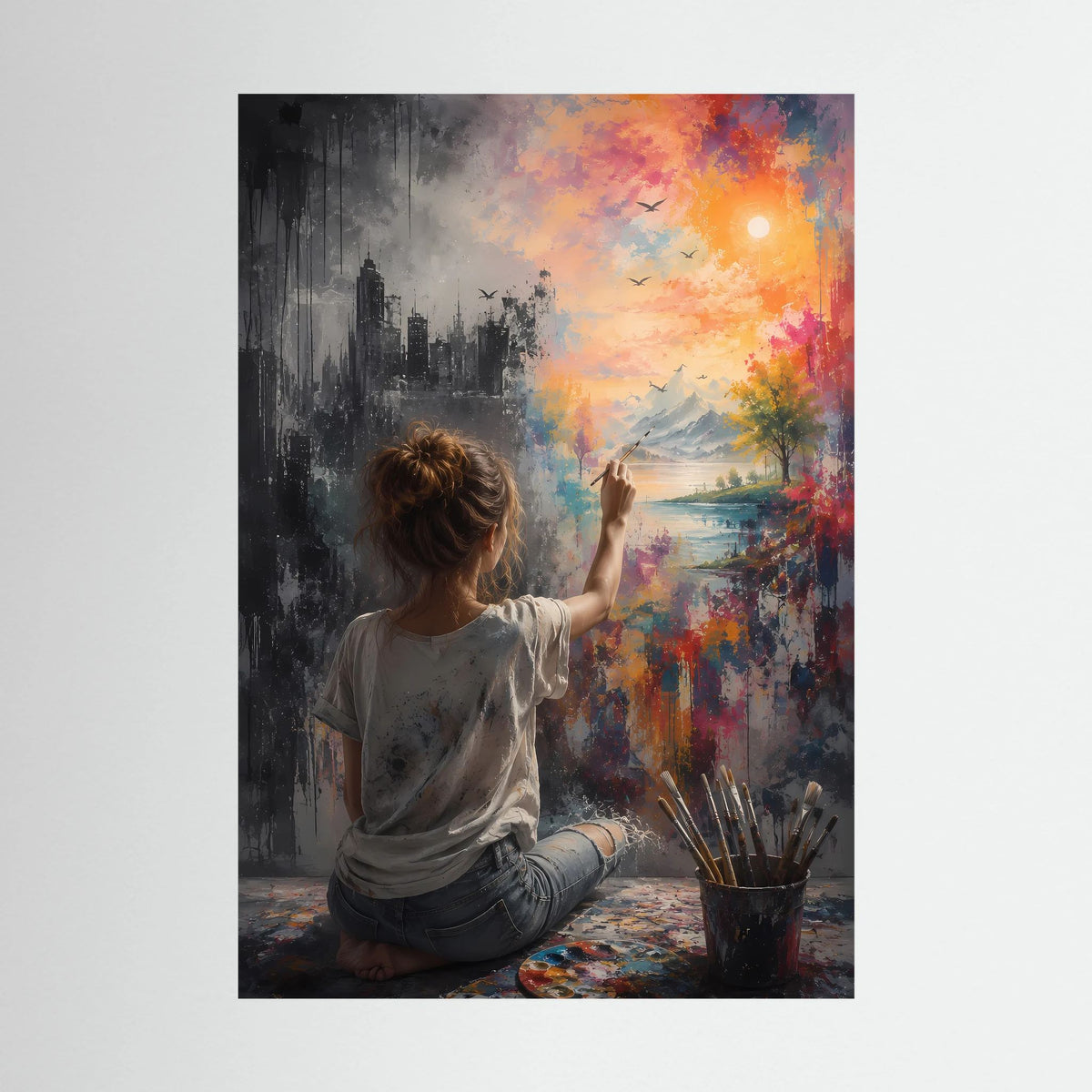Hochformat-Poster: Frau sitzt zwischen Stadt und Natur, farbiges Bild mit Himmel-Szene