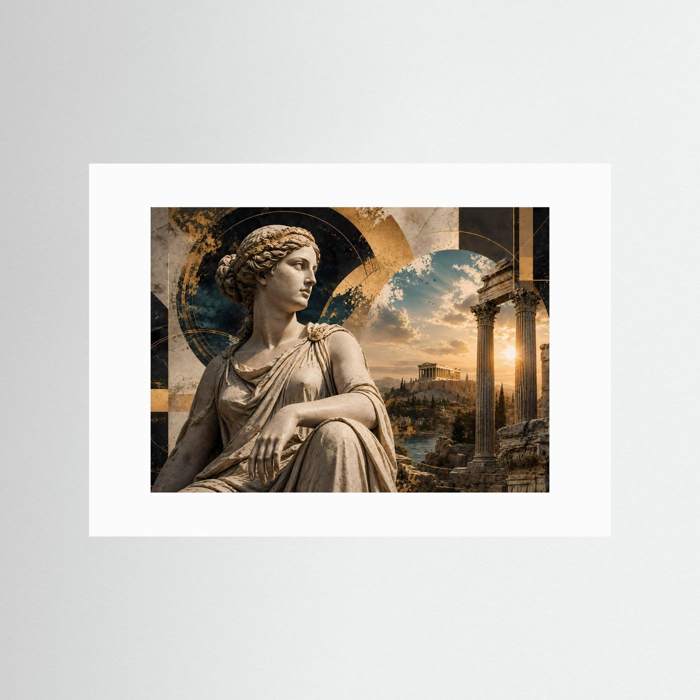 Querformatposter mit antiker Statuette einer Göttin, mit weißem Passepartout
