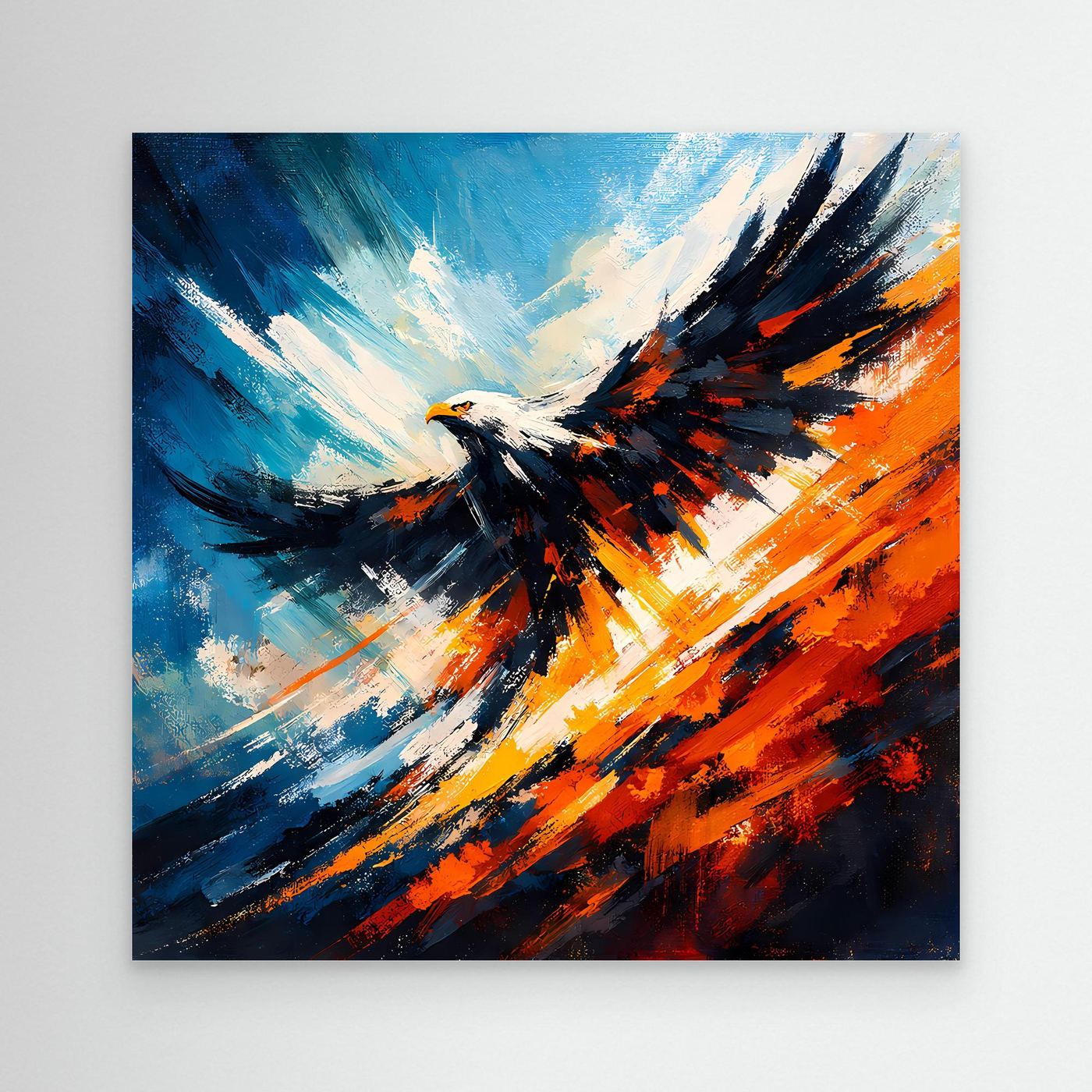 Abstraktes Leinwand-Wandbild mit schwarzem Adler im Flug, blau-orange Farbverlauf