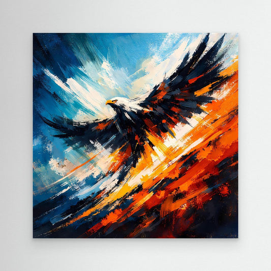 Abstraktes Leinwand-Wandbild mit schwarzem Adler im Flug, blau-orange Farbverlauf