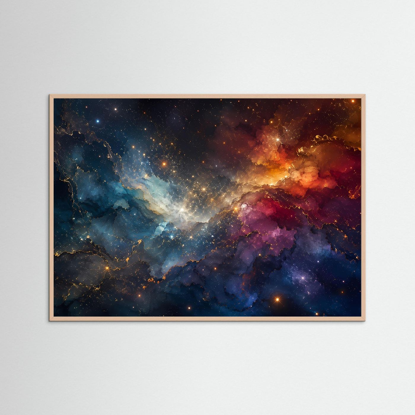 Abstrakte Galaxy-Wandkunst mit rosenholzfarbenem Rahmen, violett-blaue Wolken und Goldsterne