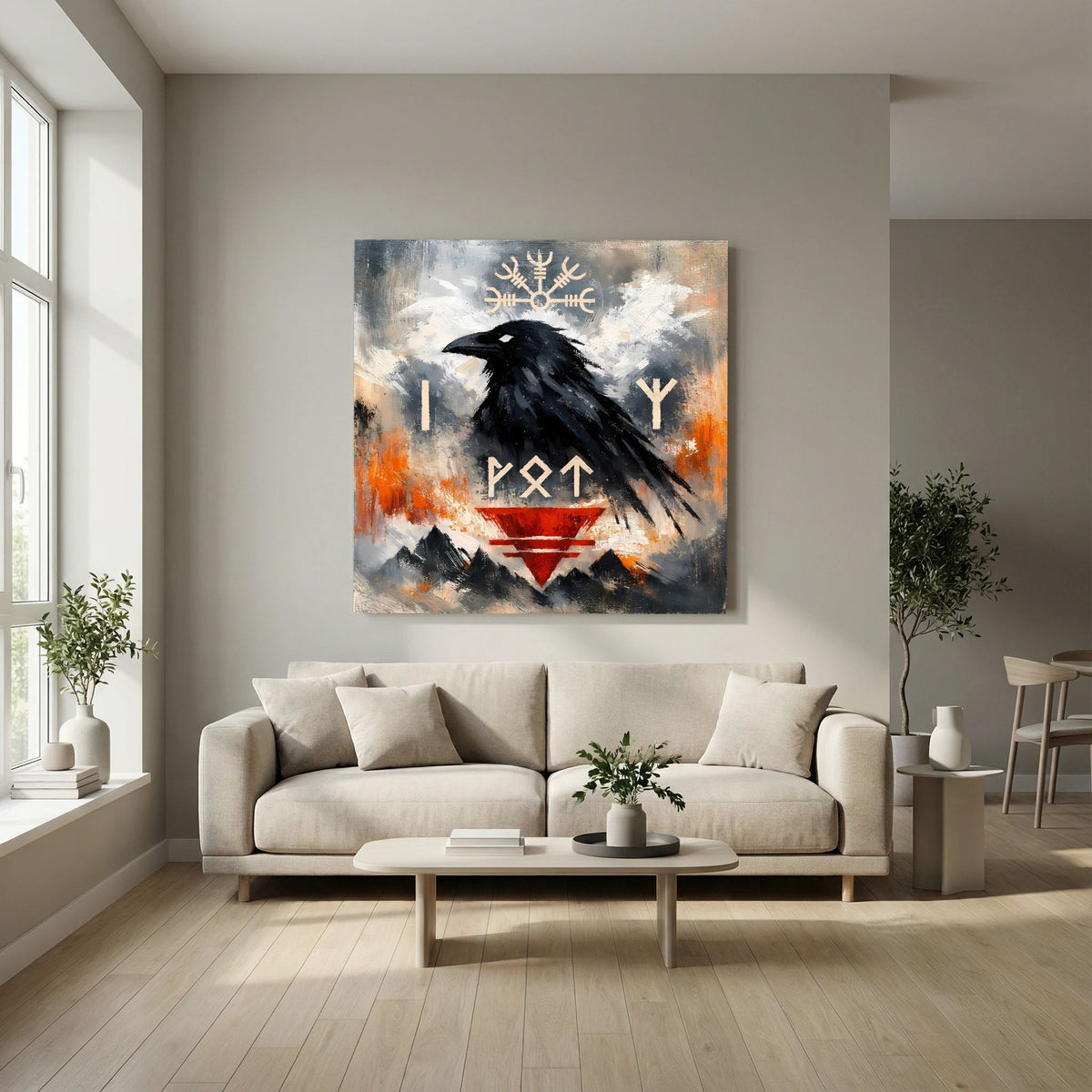 Wandbild mit schwarzem Raben und nordischen Runen, abstrakte Sprenkel in Orange und Rot