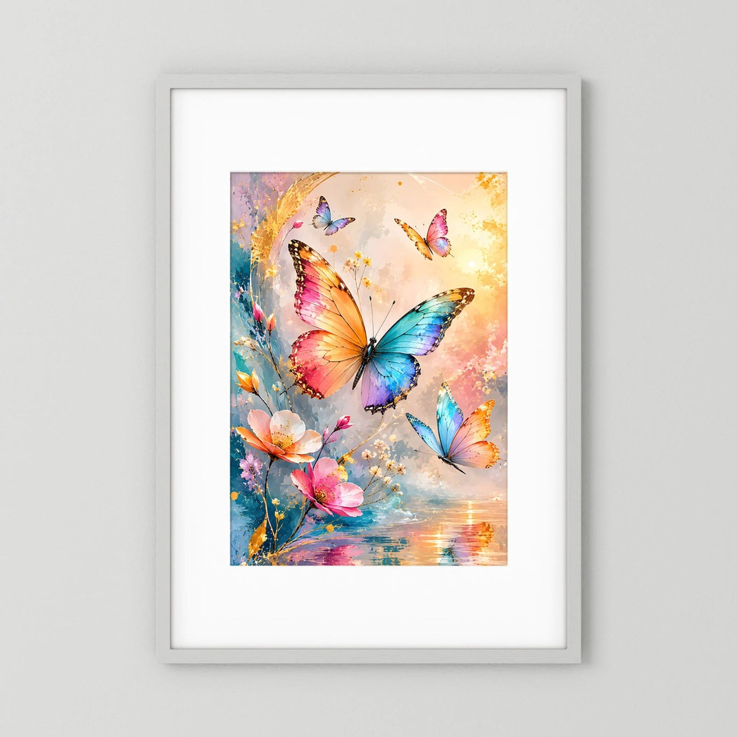Hochformatiges Poster mit mehrfarbigen Schmetterlingen und Blumenillustration in Pastellfarben