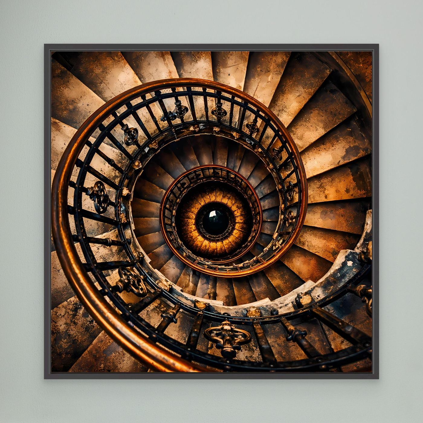 Leinwandbild Wendeltreppe, gold-braun und schwarz, schwarz gerahmt