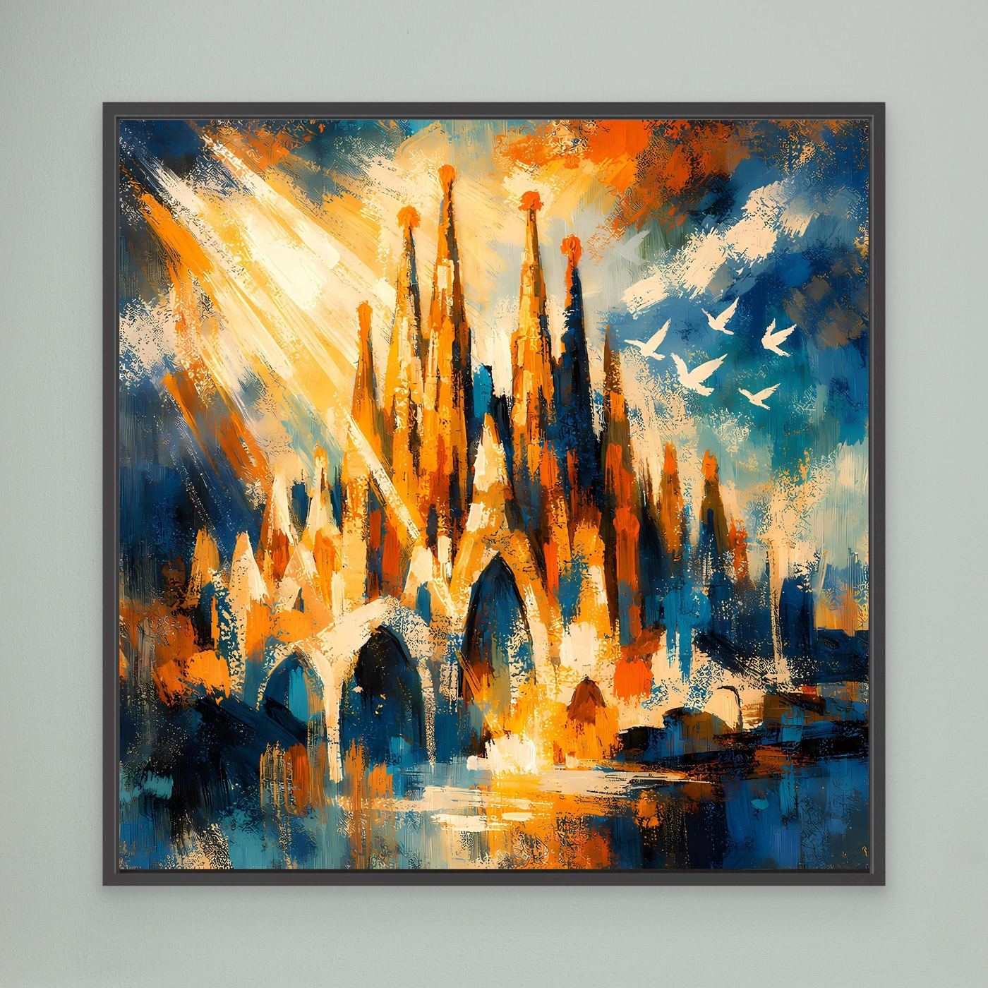 Abstraktes Leinwandbild mit Sagrada-Familia-Türmen, schwarzer Rahmen