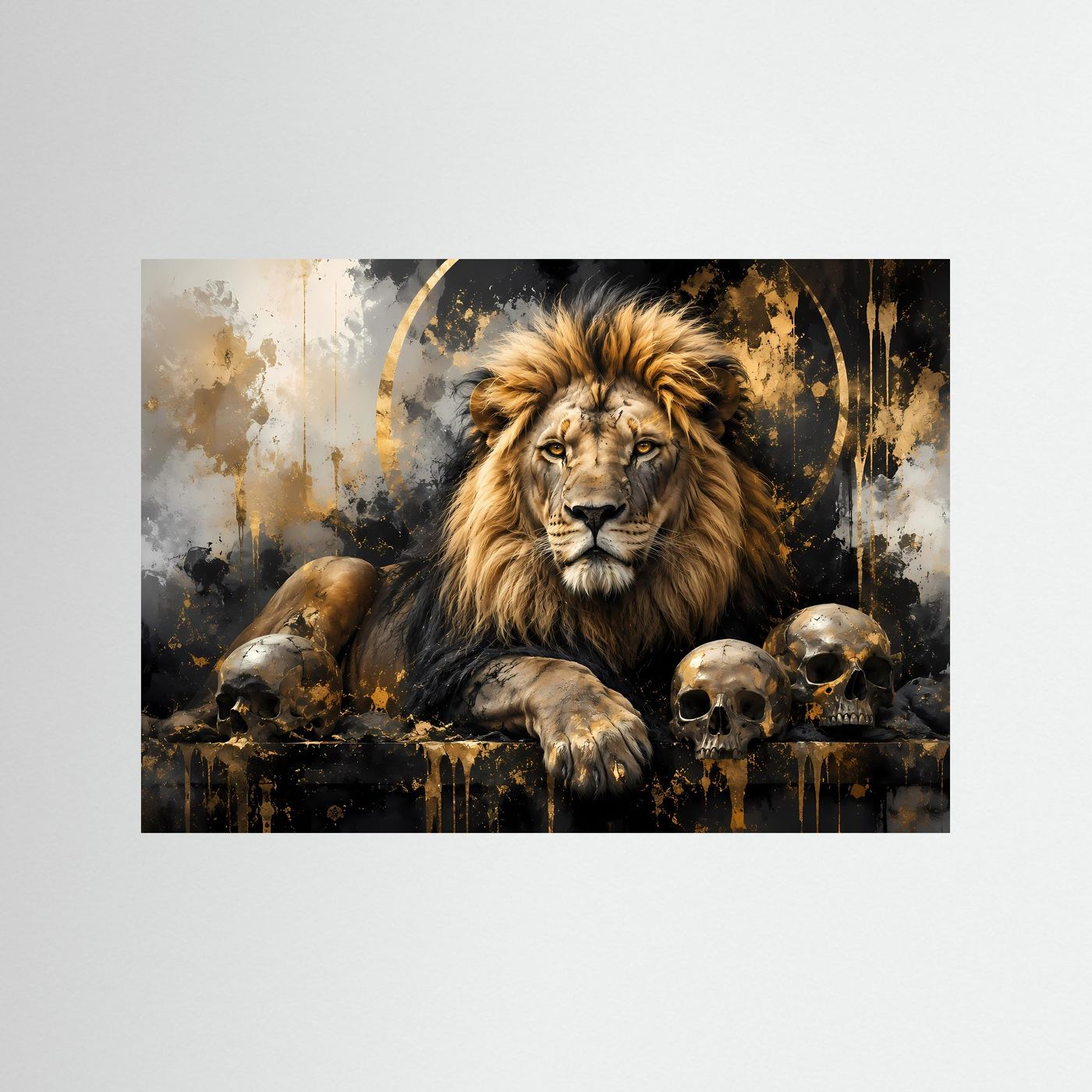 Löwe Poster mit Totenköpfen | Abstrakte Schwarz Gold Löwen Wandkunst | Majestätischer Lion Kunstdruck Modern