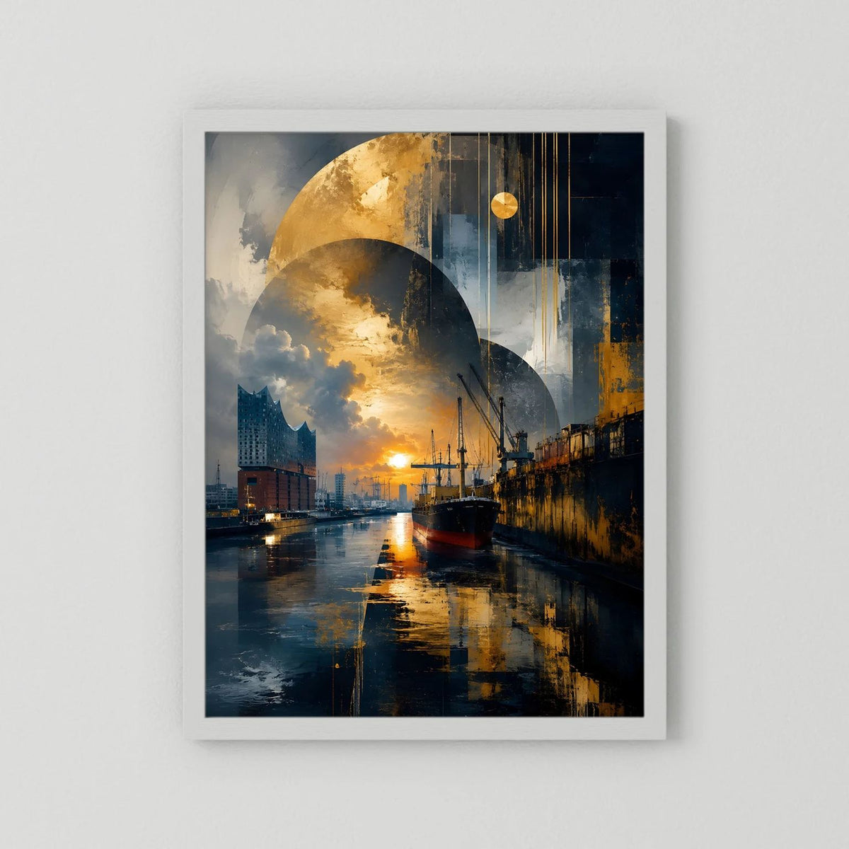 Poster im Hochformat mit abstraktem Hafenmotiv in Gold und Dunkelblau, weiß gerahmt
