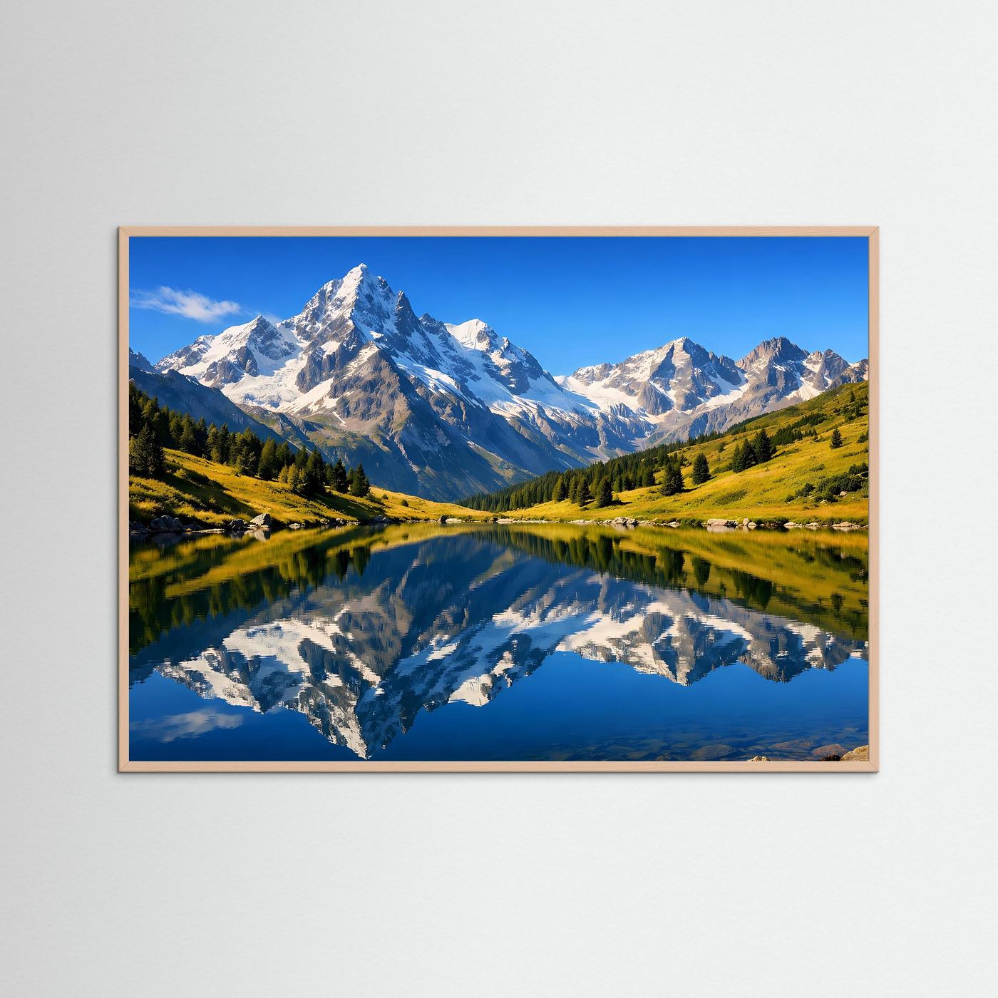 Panorama-Bergposter im Querformat mit Alpen und spiegelndem See, mit schmalem Rahmen