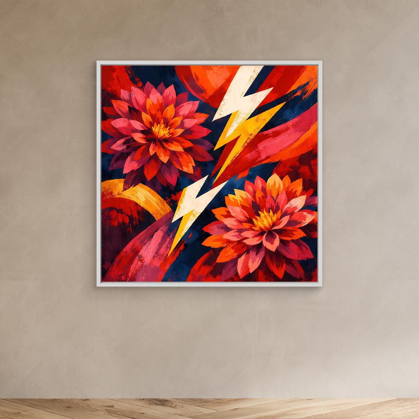 Leinwandbild mit abstrakten roten Blüten und gelbem Blitz, blaues Design im weißen Rahmen