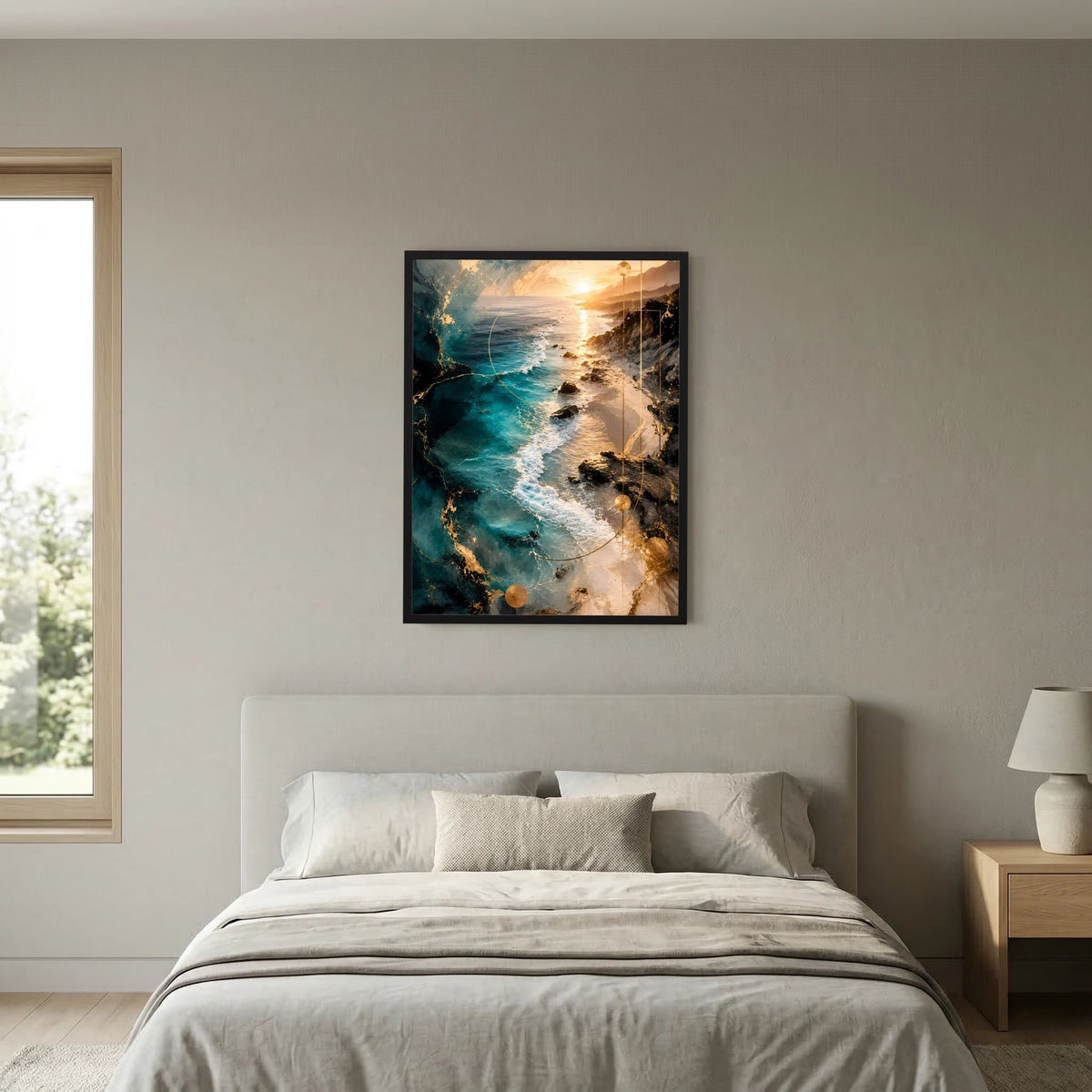 Hochformatiger Posterdruck mit Wellen in Türkis und goldener Abendsonne, schwarzer Rahmen