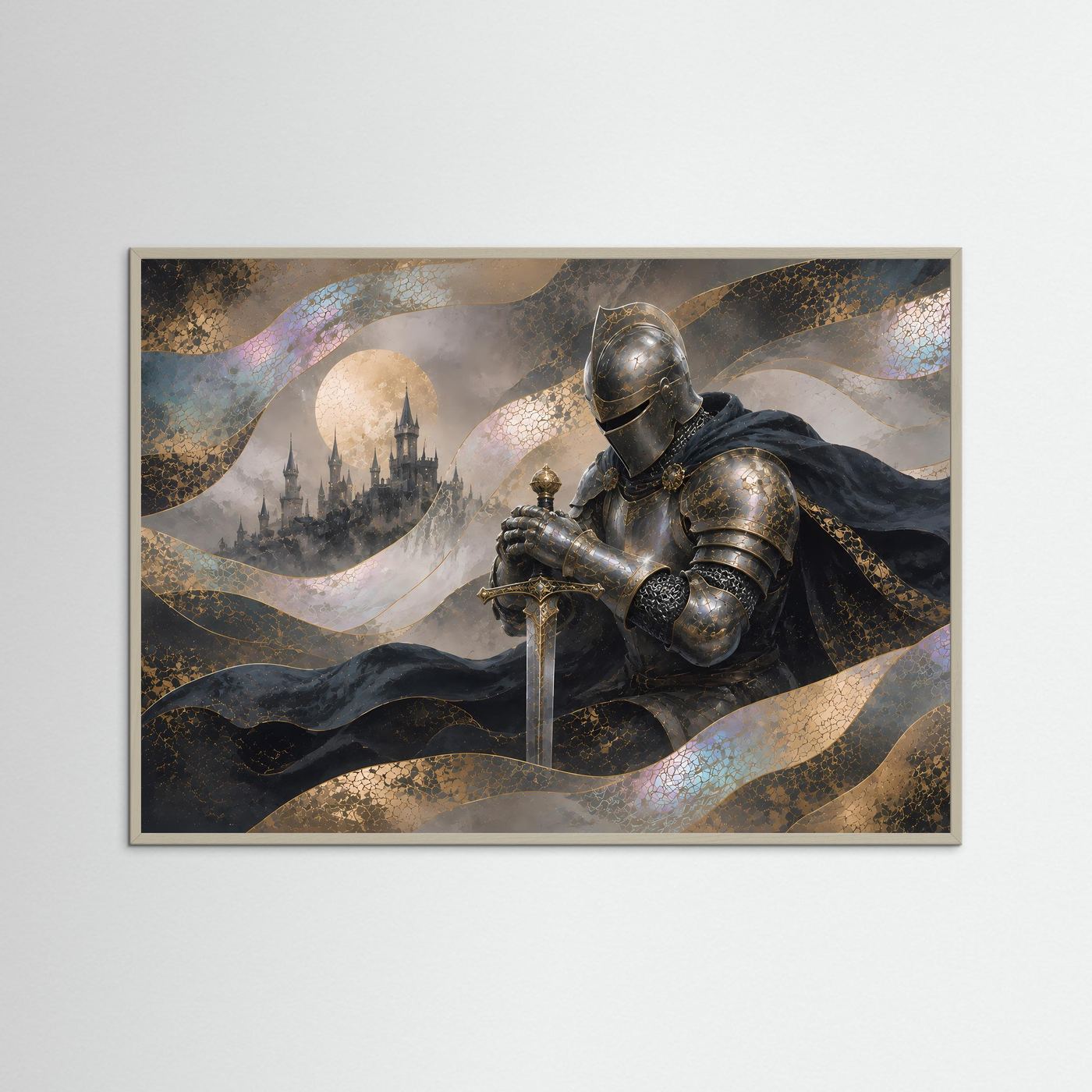 Mystischer Ritter vor Schloss | Mittelalterliche Fantasy-Kunst in Gold & Schwarz