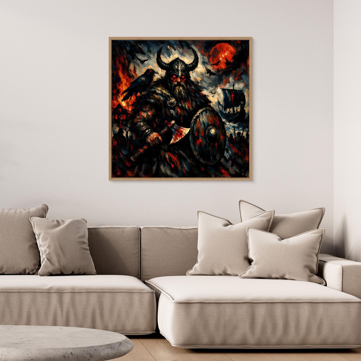 Leinwand Düsterer Wikinger-Krieger unter dem Blutmond | Expressives Nordmann Wandbild