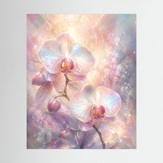 Hochformatiges Orchideen-Blumenposter mit pastellfarbenen Orchideenblüten und leuchtendem Kreis-Motiv
