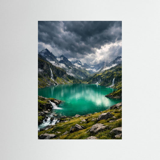 Bergsee-Poster (Hochformat) mit türkisfarbenem See, Wasserfällen und Gewitterhimmel