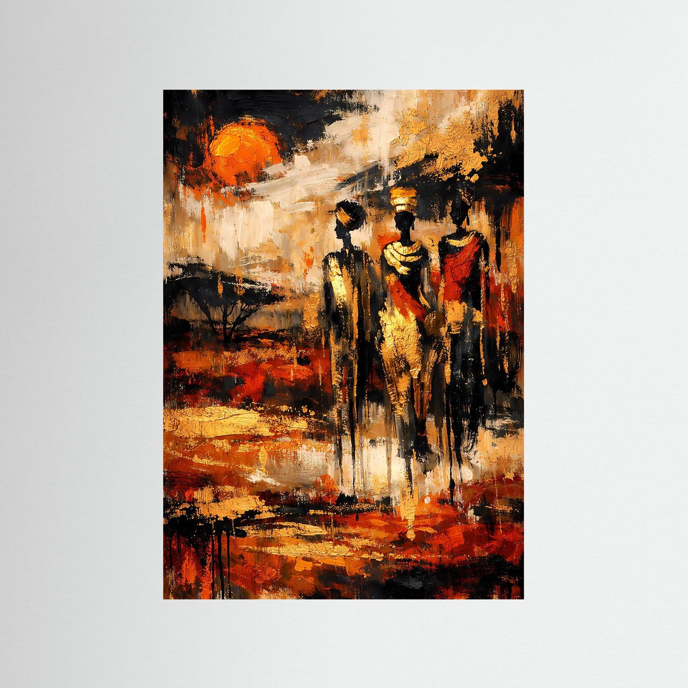 Ethno-Kunstposter mit drei stehenden Figuren, orange-goldene Sonne, erdige Pinselstriche, schwarz gerahmt