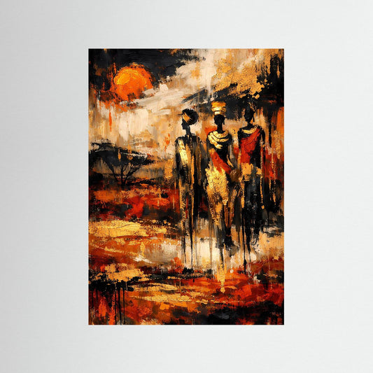 Ethno-Kunstposter mit drei stehenden Figuren, orange-goldene Sonne, erdige Pinselstriche, schwarz gerahmt