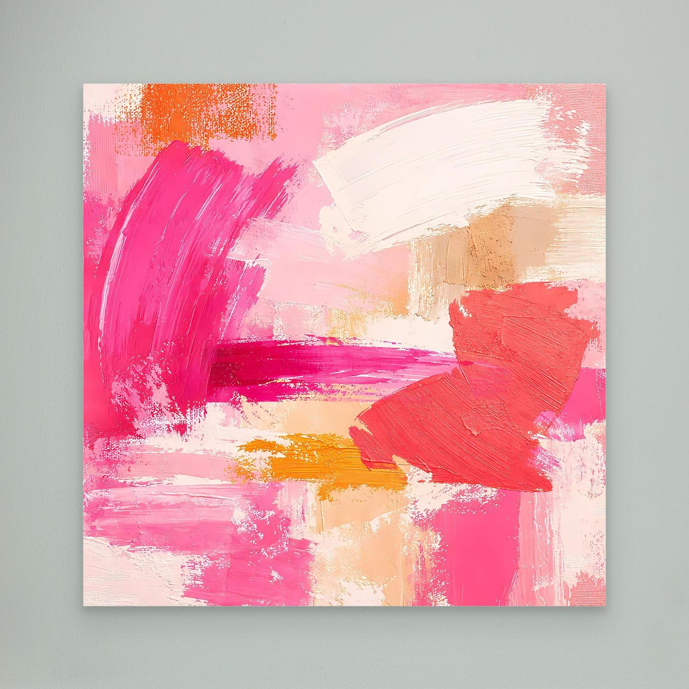 Leinwand-Wandbild abstrakt mit Pinselstrichen in Rosa, Rot und Beige in pastelligen Farben