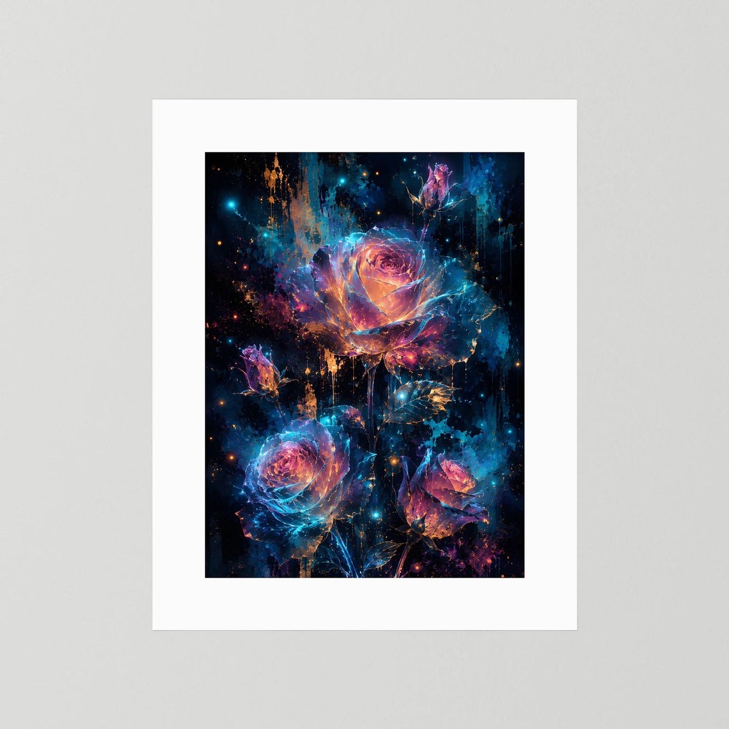 Kunstposter mit leuchtendem Rosenmotiv in Blau, Pink und Gold, weißer Rand