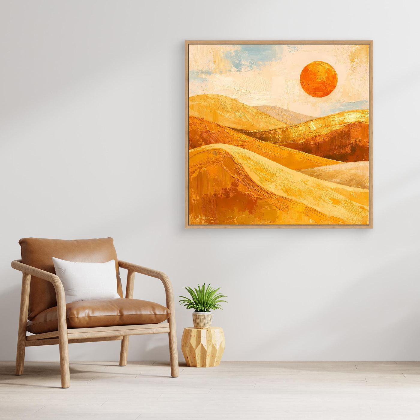 Abstraktes Wüstenlandschaft-Wandbild: goldene Dünen und rote Sonne im Holzrahmen