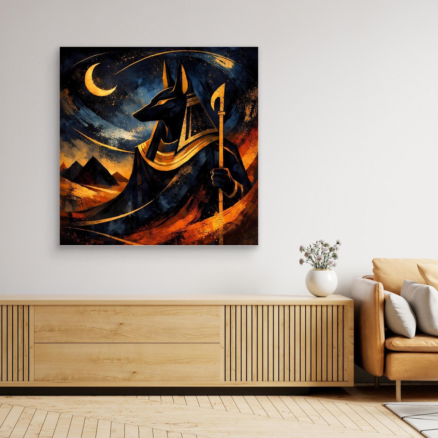 Wandbild mit Anubis in Nachtszene, schwarzer Rahmen, Leinwand