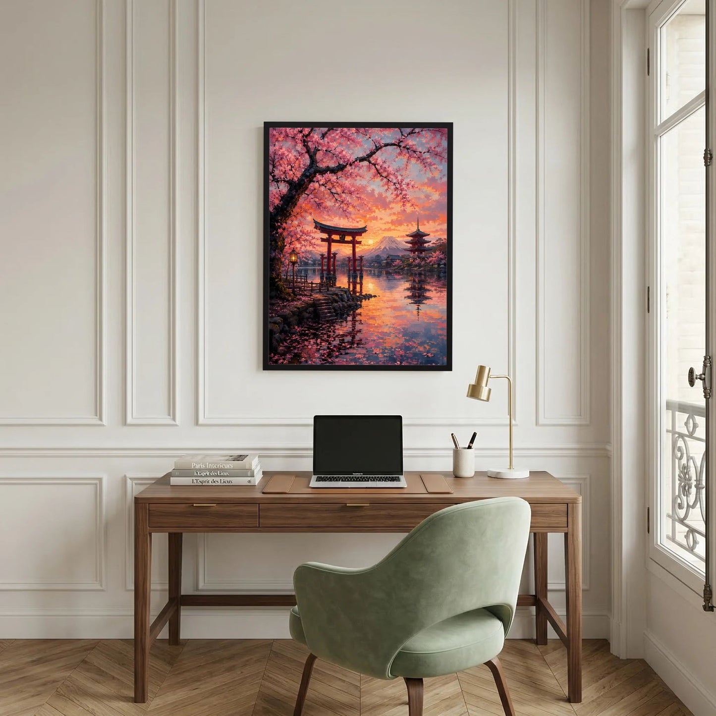 Japanisches Hochformat-Poster mit Torii, Kirschblüten im Vordergrund und Fuji im Sonnenuntergang, schwarz gerahmt.
