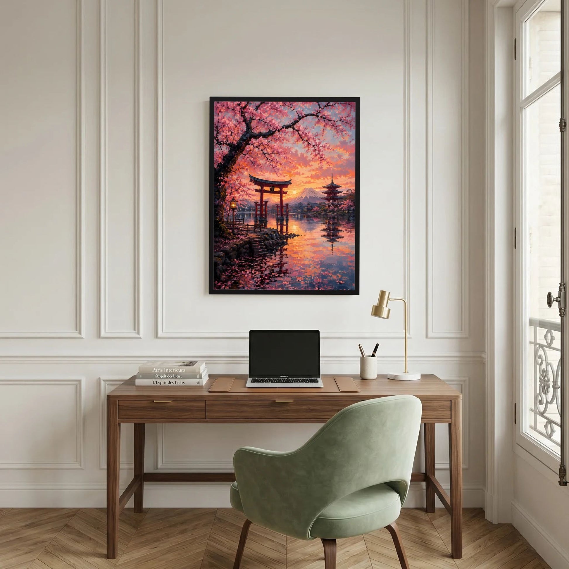 Japanisches Hochformat-Poster mit Torii, Kirschblüten im Vordergrund und Fuji im Sonnenuntergang, schwarz gerahmt.