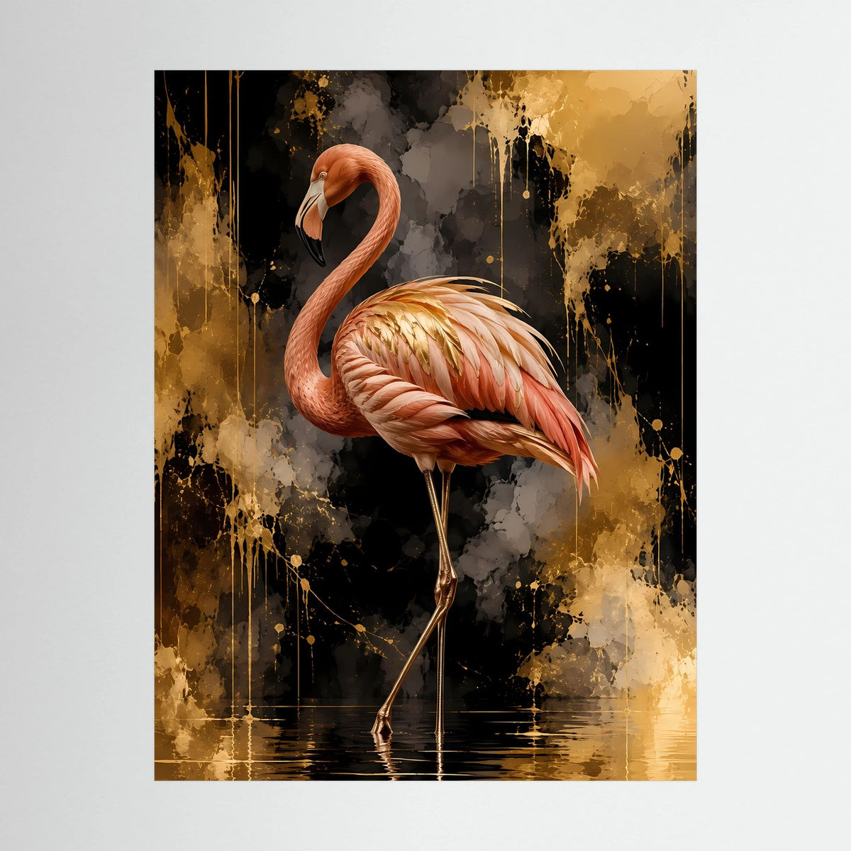 Nahansicht: Flamingo-Poster mit goldenen Spritzern und schwarzem abstraktem Hintergrund
