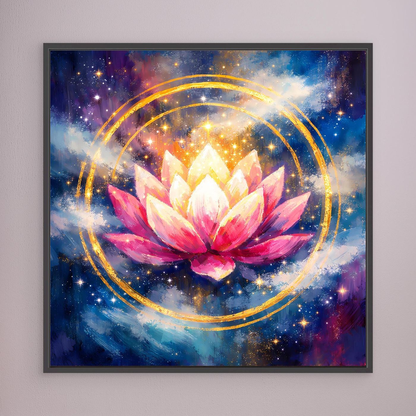 Leinwand-Wandbild Lotusblüte im Kosmos, Sterne, goldene Kreise, schwarzer Rahmen