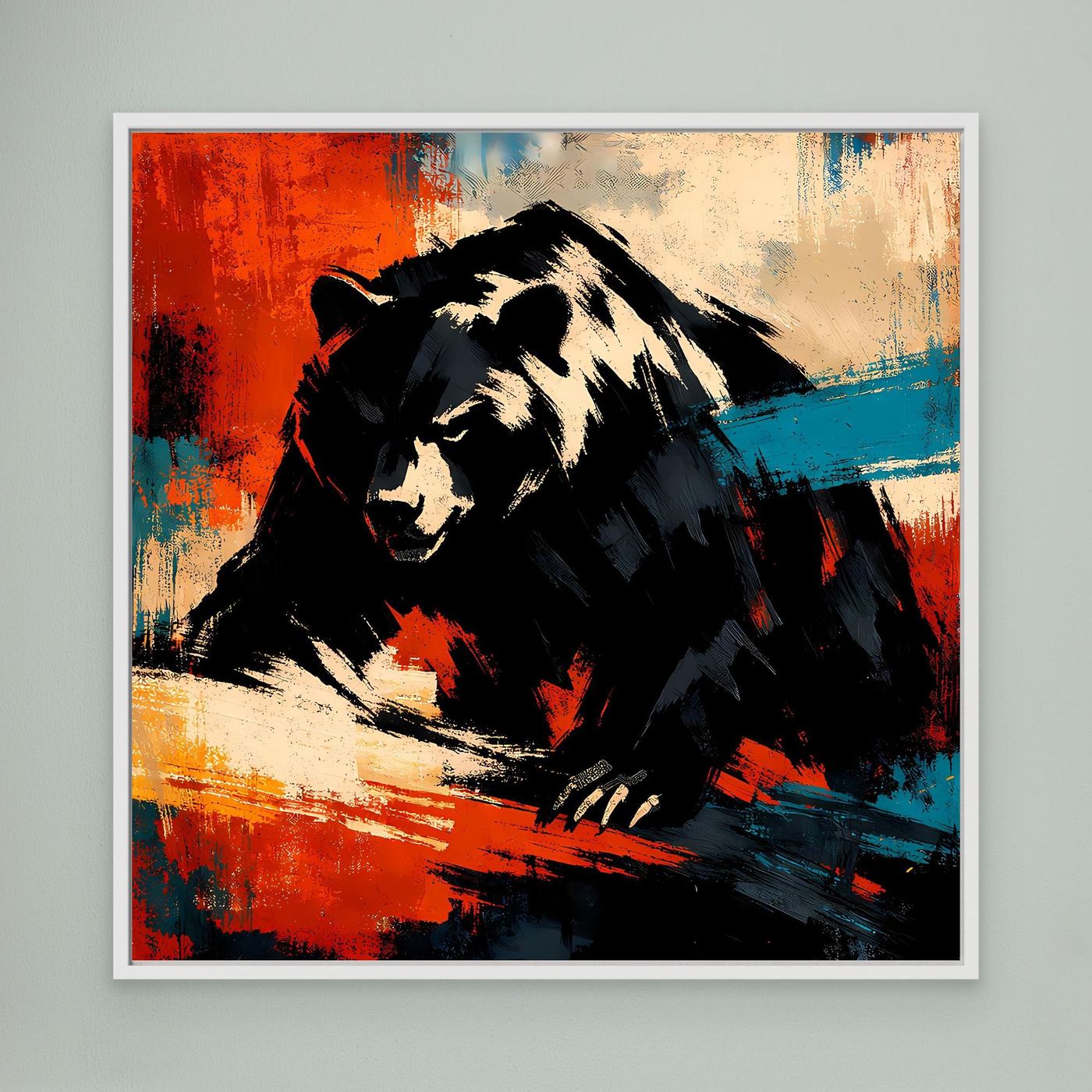 Leinwand-Wandbild: abstrakter Grizzlybär, schwarz-beige, Rot- und Blauakzente, weißer Rahmen