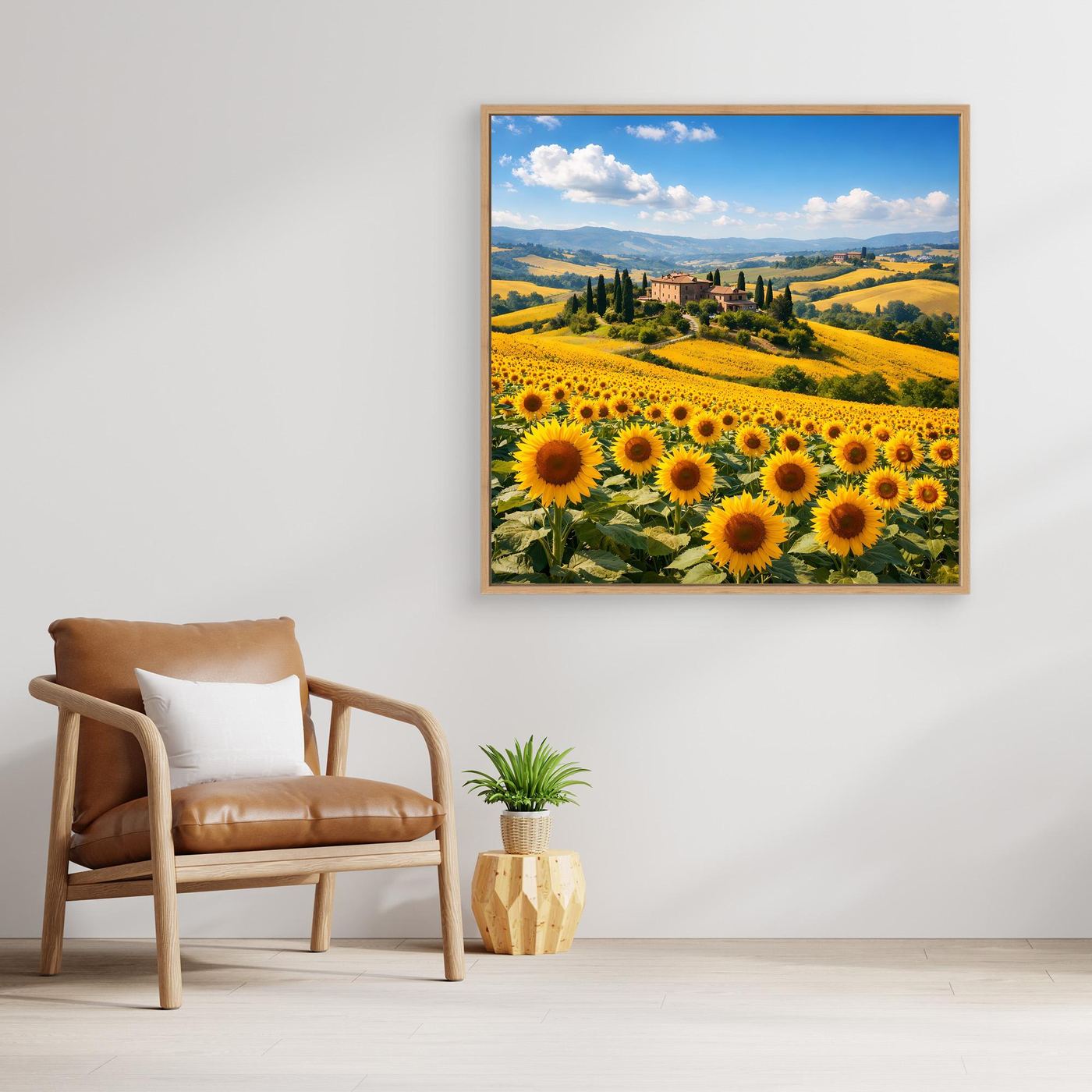 Leinwandbild mit Sonnenblumenfeld in der Toskana, quadratisch mit hellem Rahmen