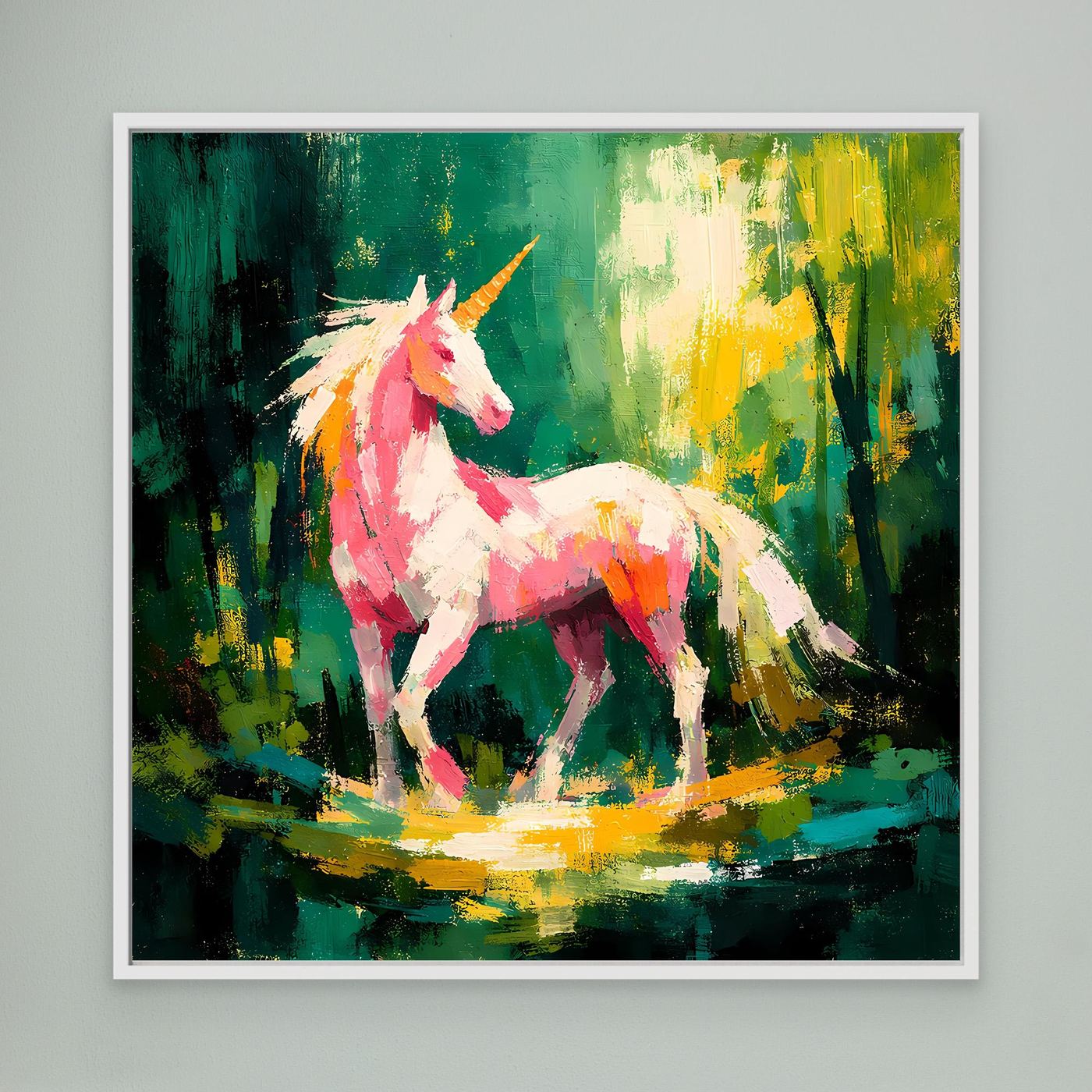Leinwand Anmutiges Einhorn im Zauberwald | Abstraktes Fantasy & Natur Wandbild